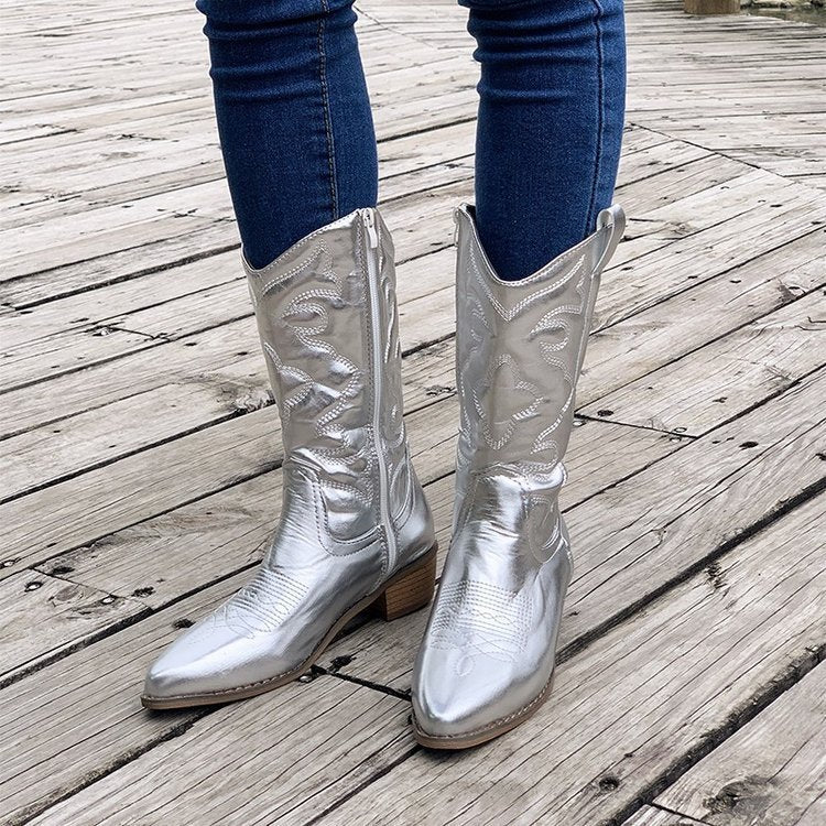 Botas vaqueras de punta estrecha y tacón grueso, botas de caballero sólidas de tubo medio a la moda, zapatos de otoño e invierno para mujer
