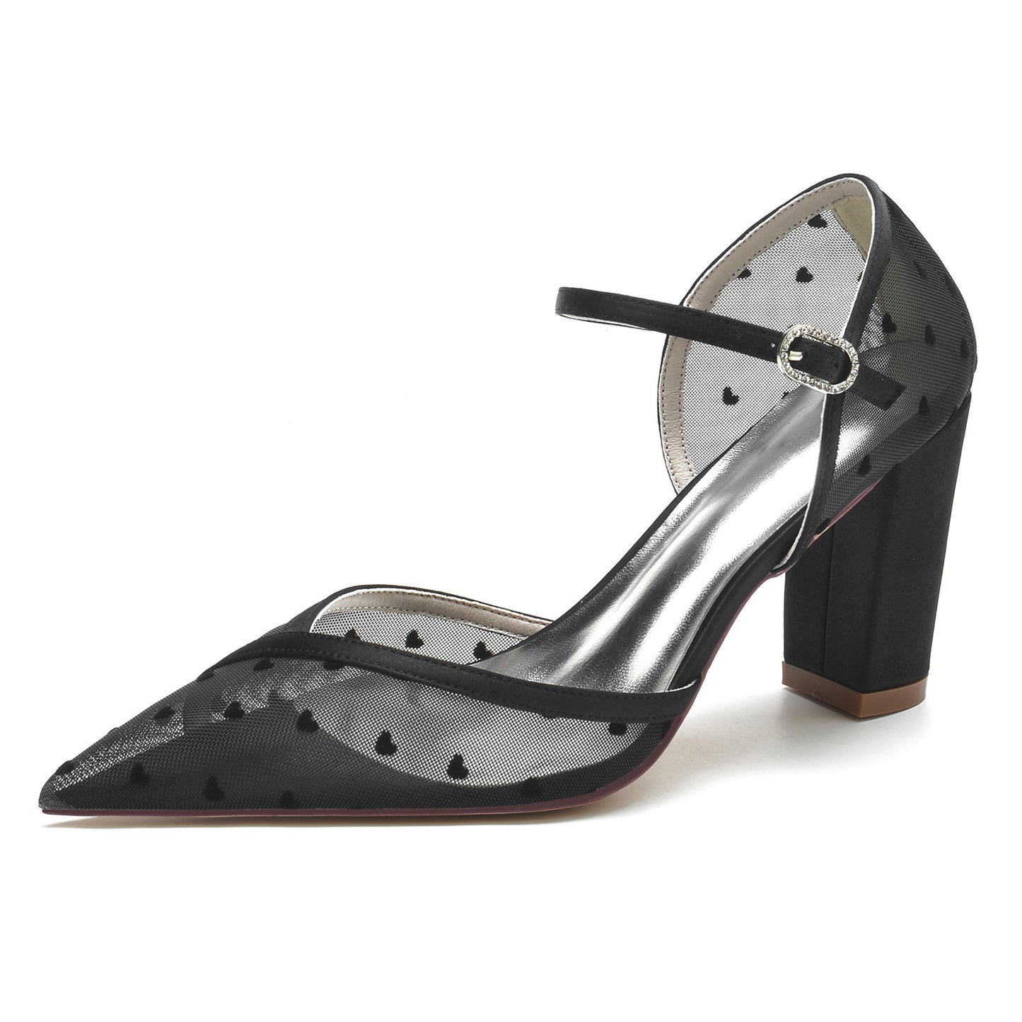 Zapatos de boda blancos con puntos transparentes, punta estrecha, tacón grueso, encaje hueco, novia