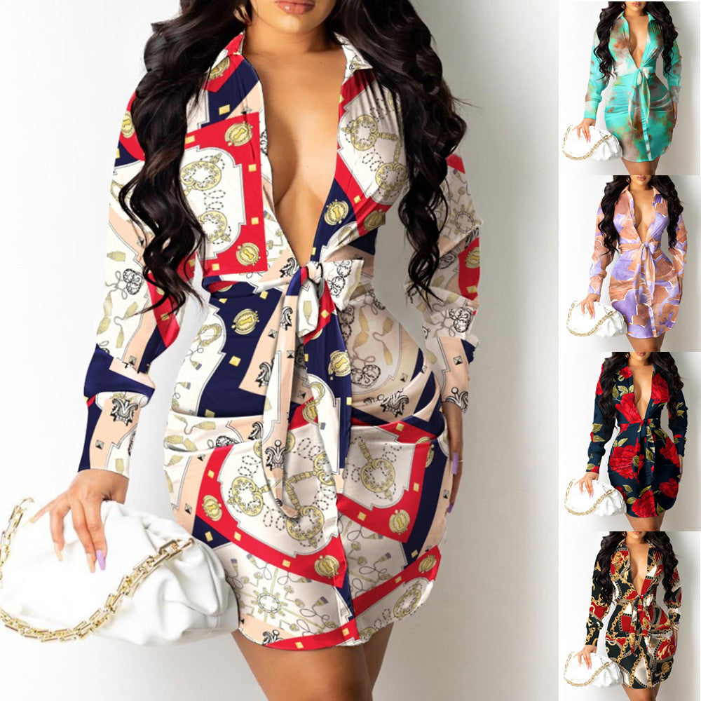 Vestido camisero de manga larga con cuello en V y estampado para mujer