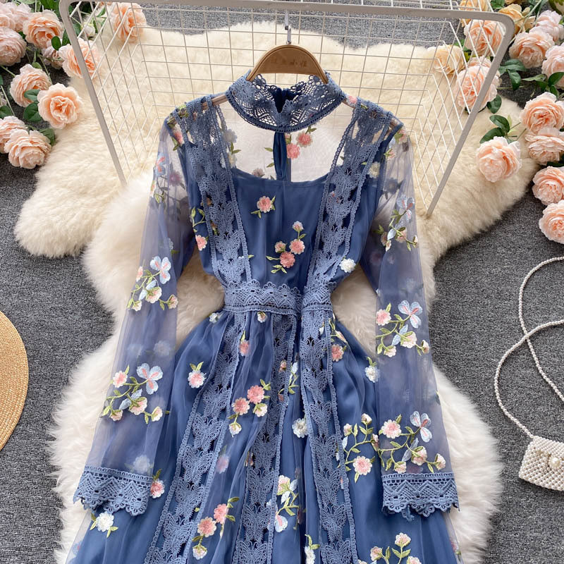 Vestido de malla bordado de industria pesada para mujer