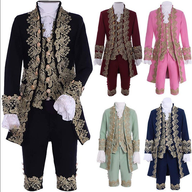 Costume de scène masculin noble en dentelle brodée médiévale européenne rétro