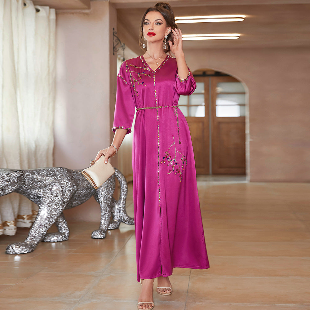 New Satin Mid-sleeve Long Dress Dubai Travel Rhinestone Plus Size Straight Long Dress
