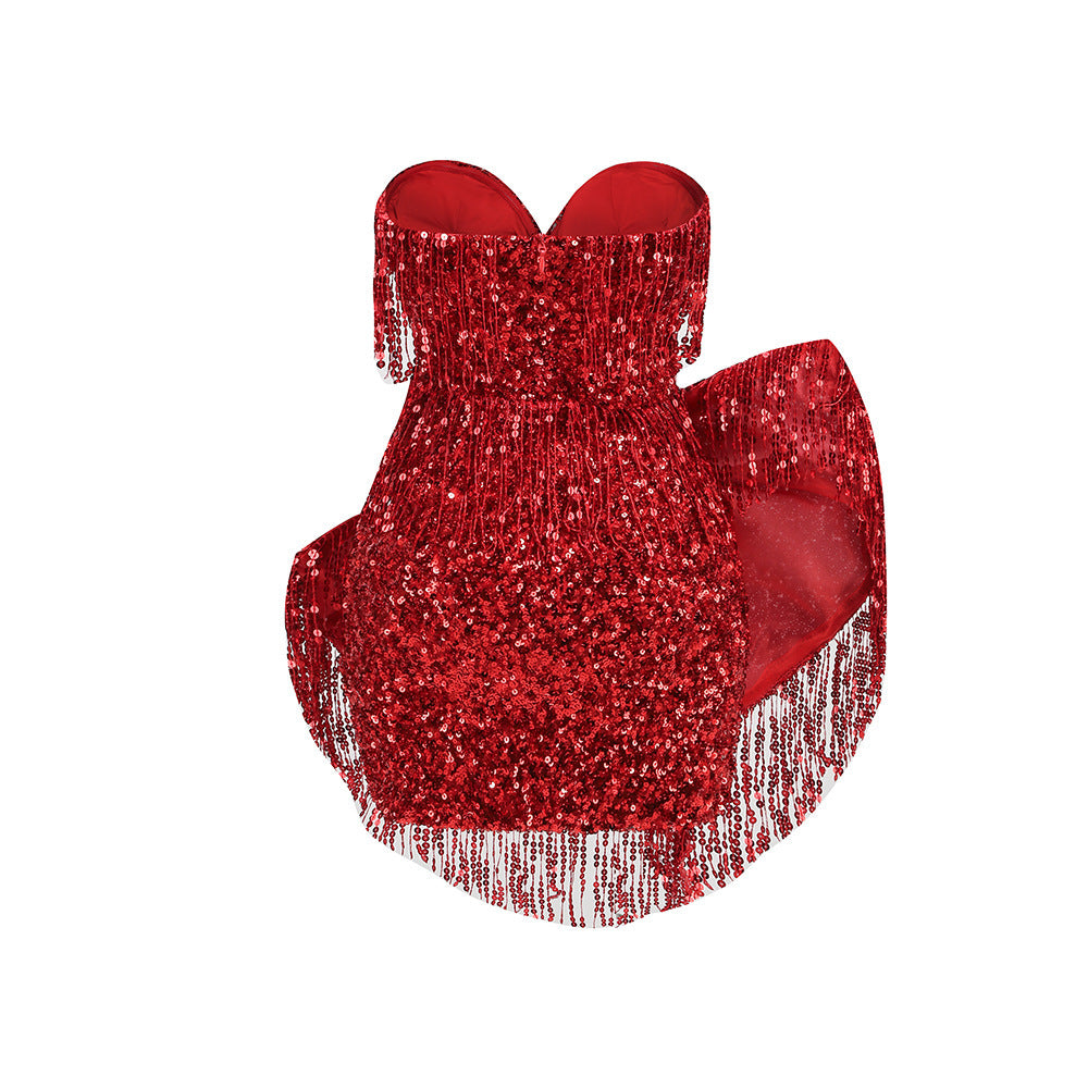 Big Tassel Bow Decoration Tube Top Sleeveless Skirt Red