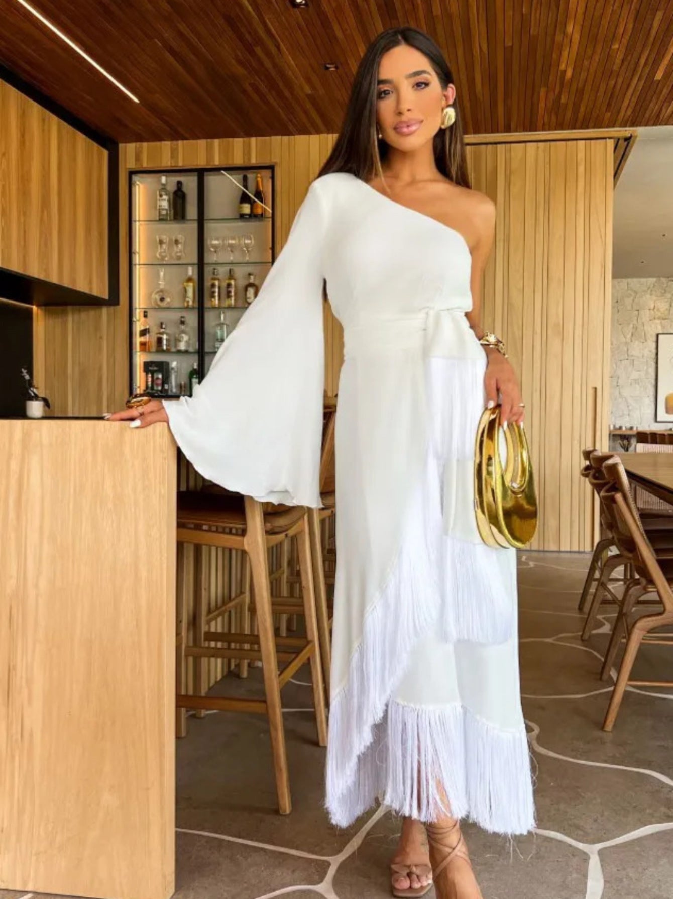 Women's Fashion Solid Color Shoulder Long Sleeve Off-the-shoulder Waist Tassel Dress