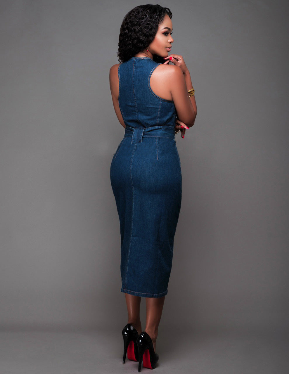 Robe moulante en jean sans manches à la mode, jupe mi-longue