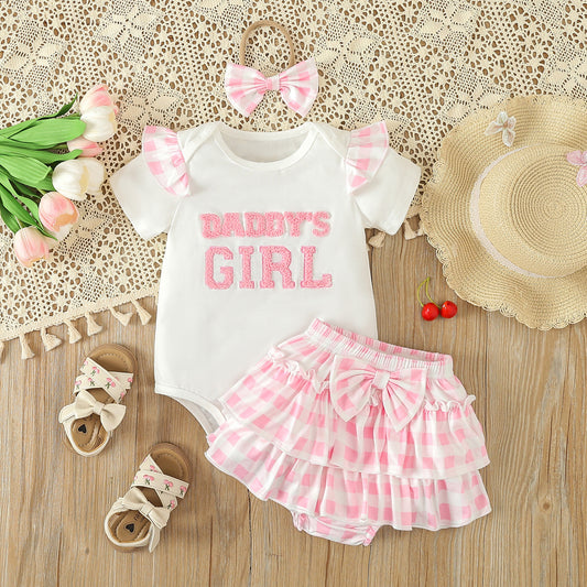 Ensemble trois pièces d'été pour fille avec t-shirt et jupe courte à carreaux