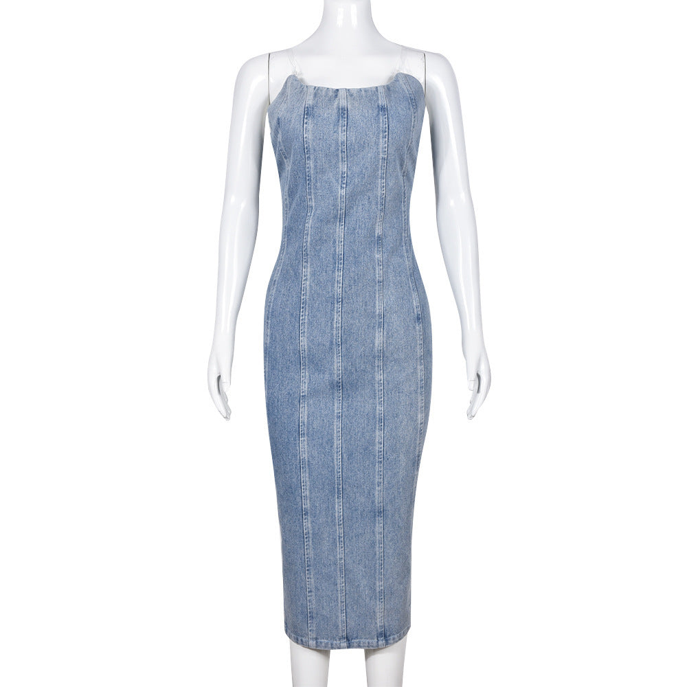 Robe tube en jean à coutures tendance et coupe slim pour femme