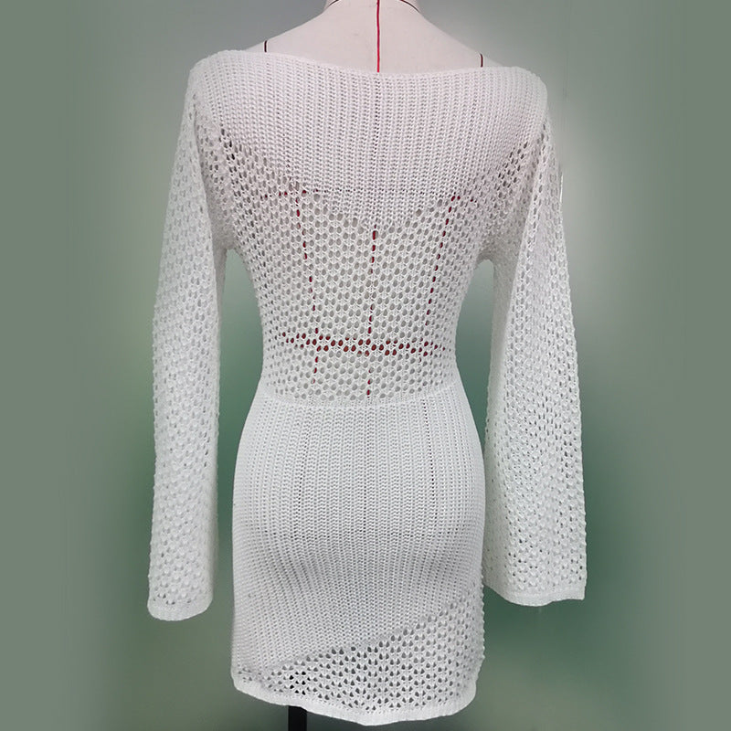 Chemisier en tricot ajouré pour femme, robe de plage à manches longues et épaules dénudées