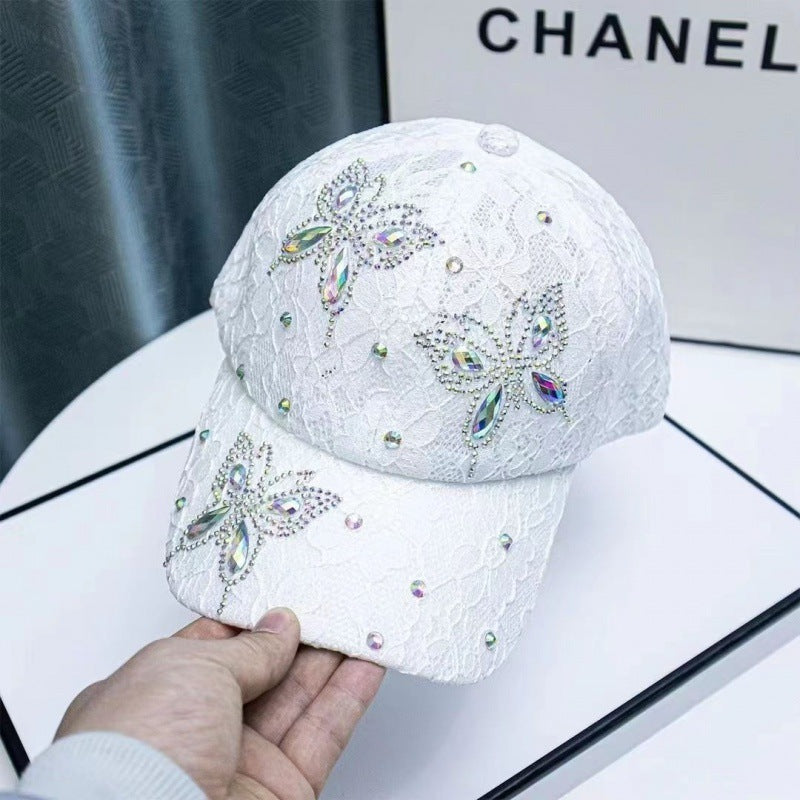 Gorra de béisbol con encaje, flores pequeñas, mariposas y diamantes de imitación para mujer