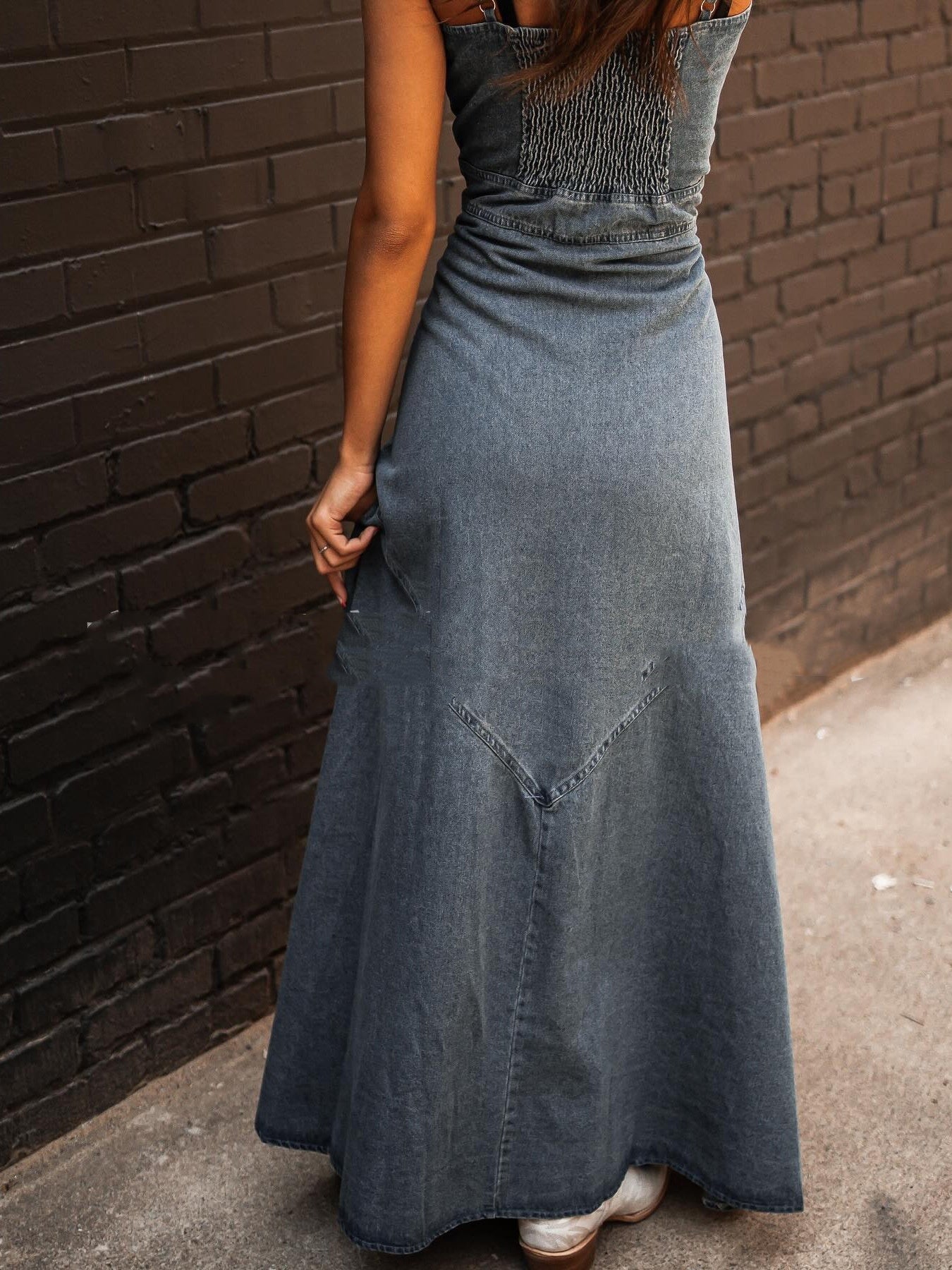 Women's Vintage Denim Washed Distressed Large Swing Dress