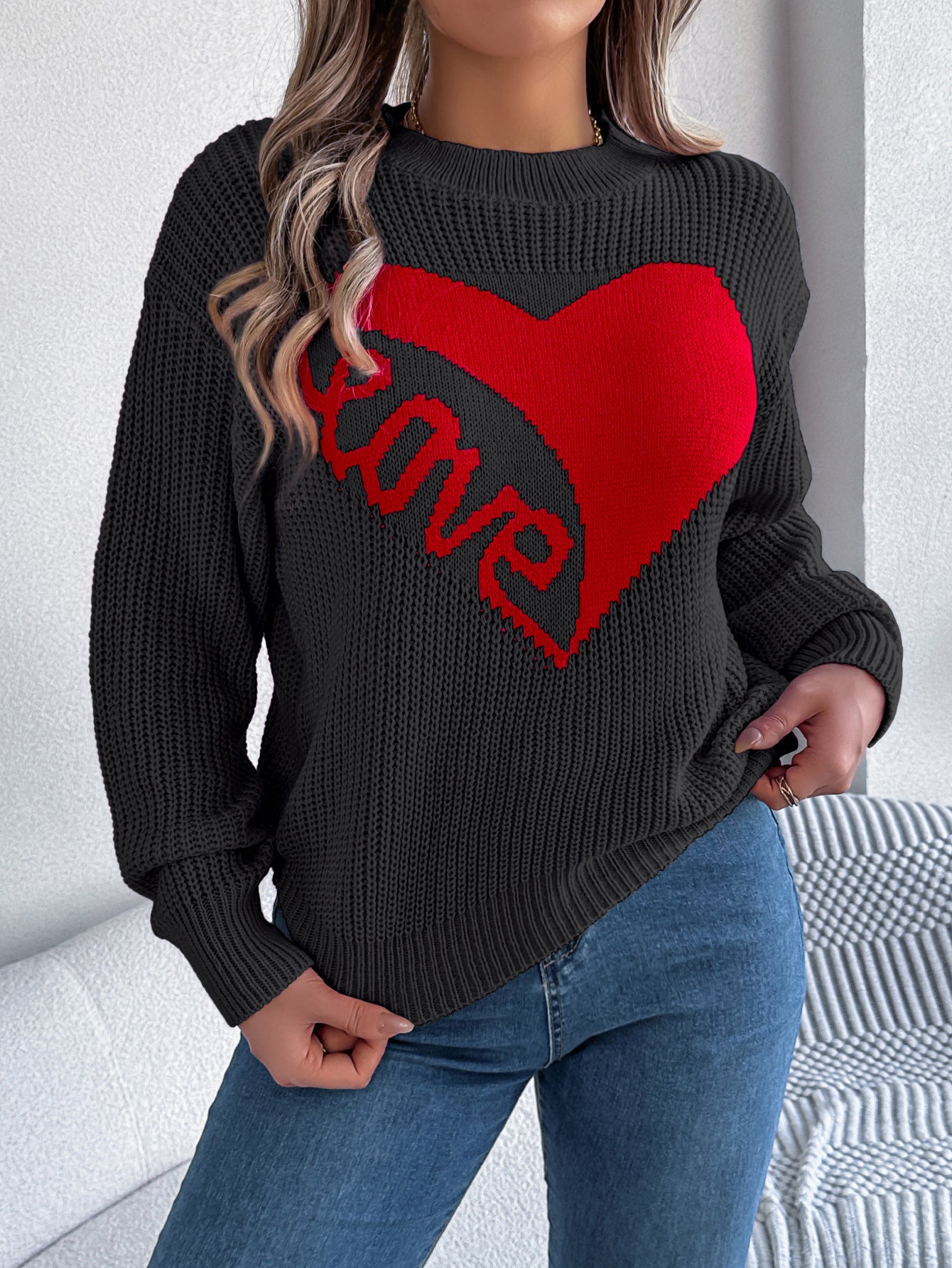 Suéter con estampado de amor para mujer, suéter holgado de manga larga de punto para otoño e invierno, ropa para el día de San Valentín