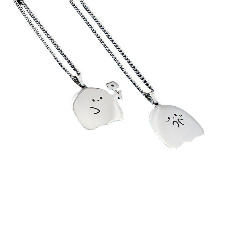 Collier en acier inoxydable avec pendentif en forme de chat et de fantôme mignon, idéal pour un couple, idéal pour l'amitié ou comme cadeau