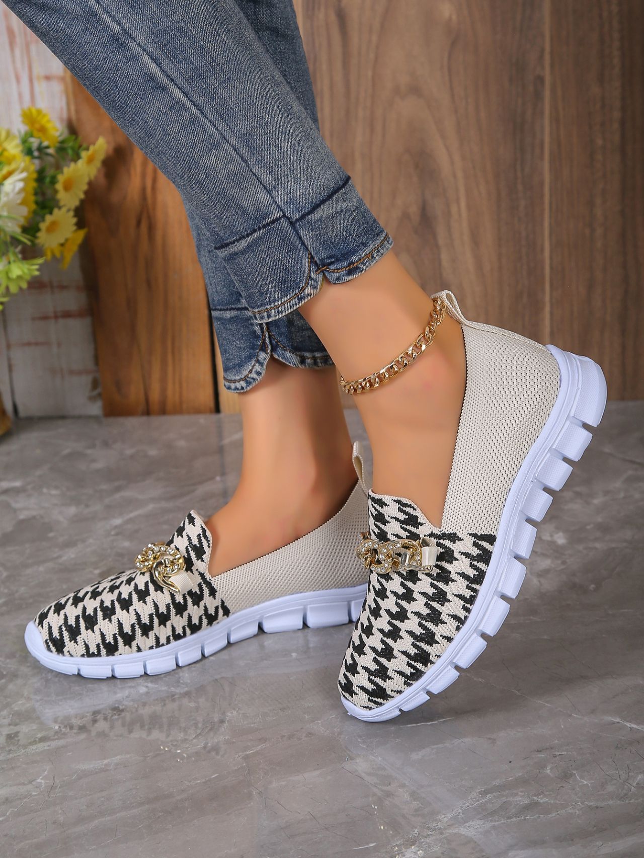 Zapatos casuales de malla con cadena y estampado de pata de gallo, zapatos planos deportivos para caminar de verano para mujer, mocasines transpirables