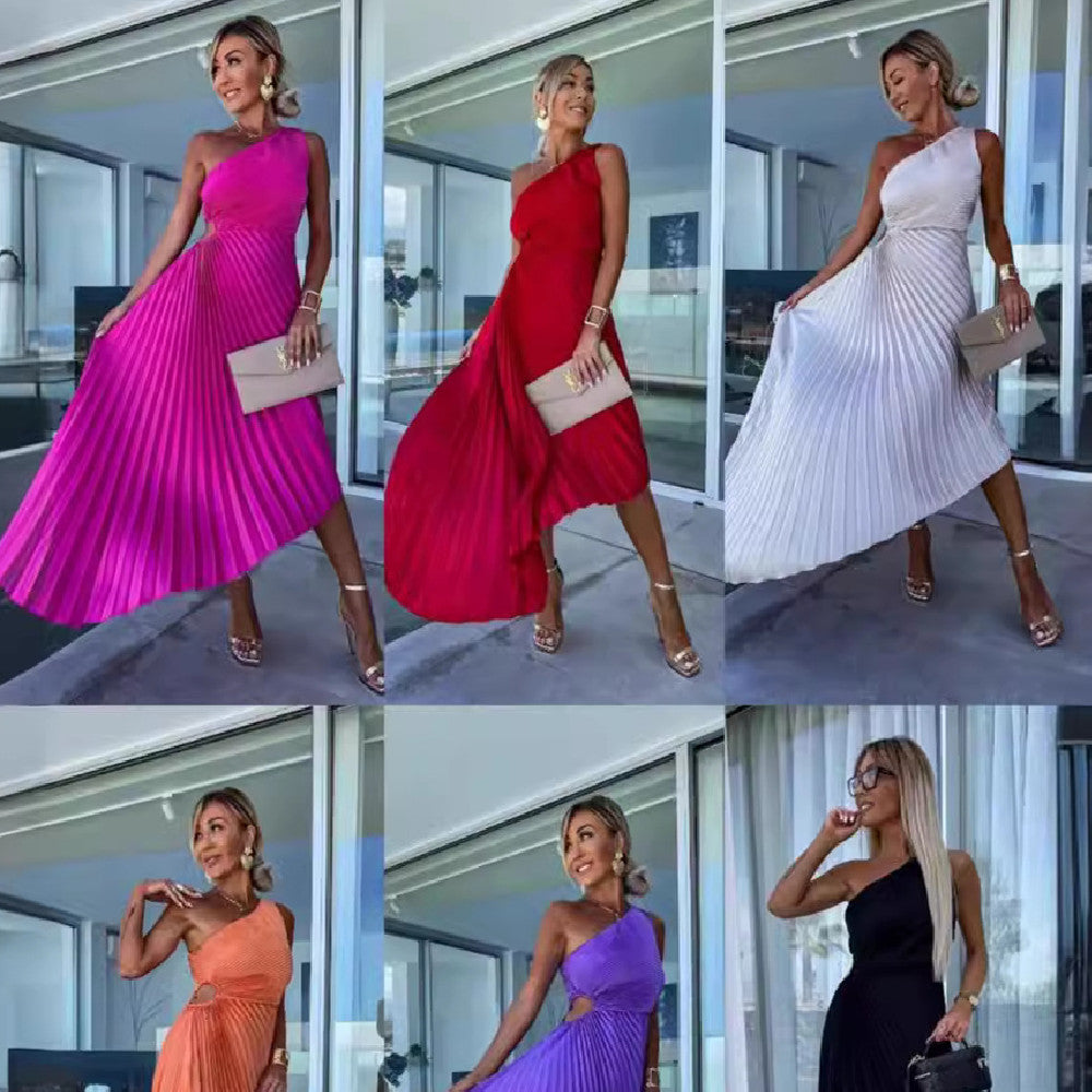 Robe de soirée plissée ajourée à col diagonal et épaules dénudées pour femme, couleur unie, style décontracté