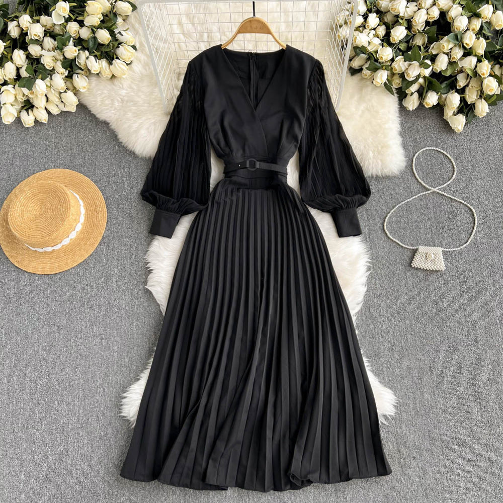 Vestido retro francés con cintura y cuello en V Royal Sister