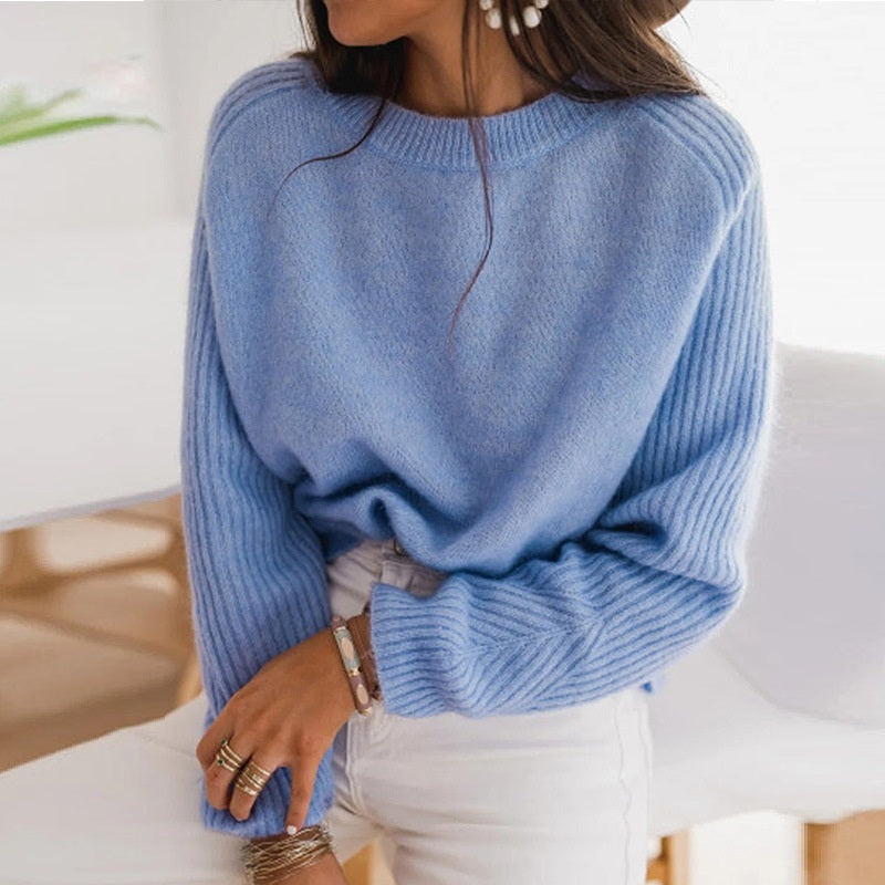 Pull en velours côtelé Bedford bleu lait européen pour femme, col rond, manches longues, tricot décontracté, vêtements d'extérieur tendance