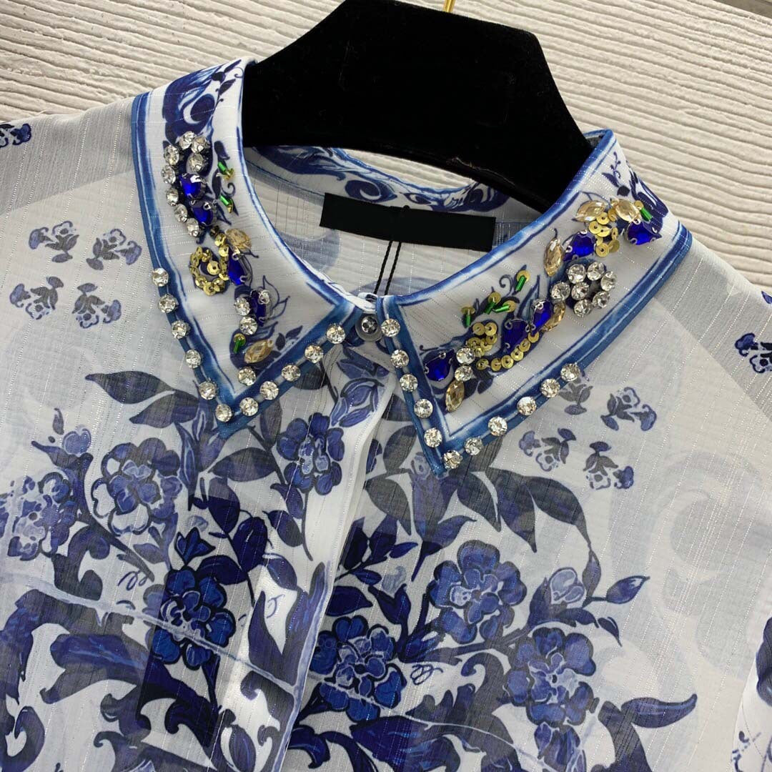 Blue And White Porcelain Printed Long Sleeve Big Hem Waist Slimming Dress