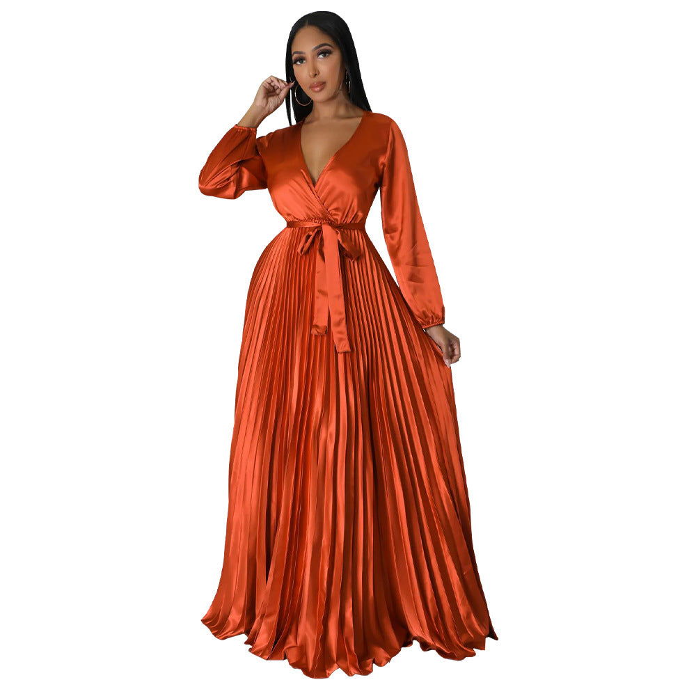 Robe plissée à manches lanternes pour femme