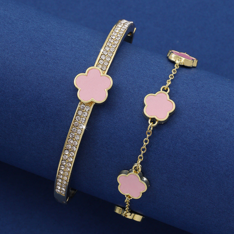 Pulsera de flores de cinco pétalos de la suerte Pulsera de flores de cinco hojas de dos piezas para mujer