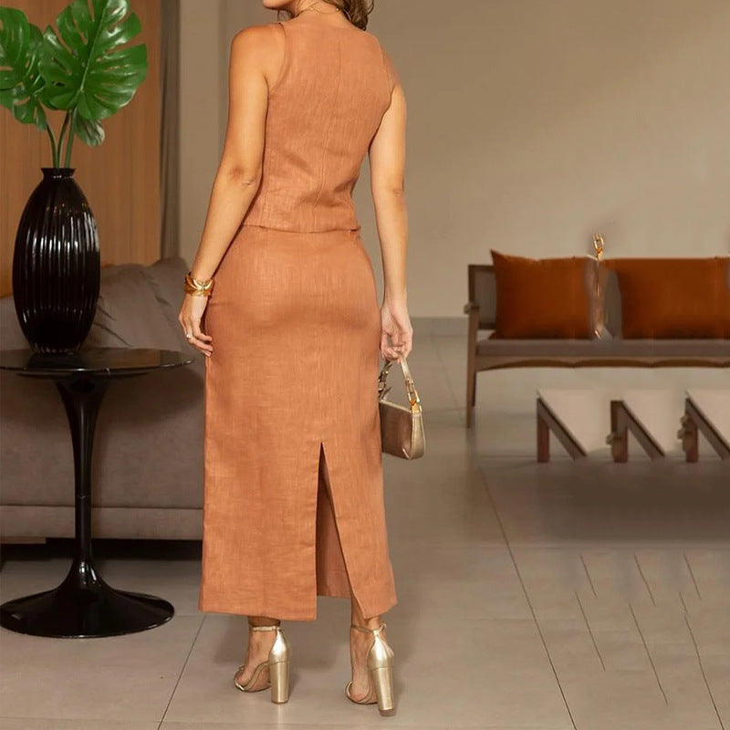 Elegante camisola con tirantes finos y falda con tirantes, traje de dos piezas