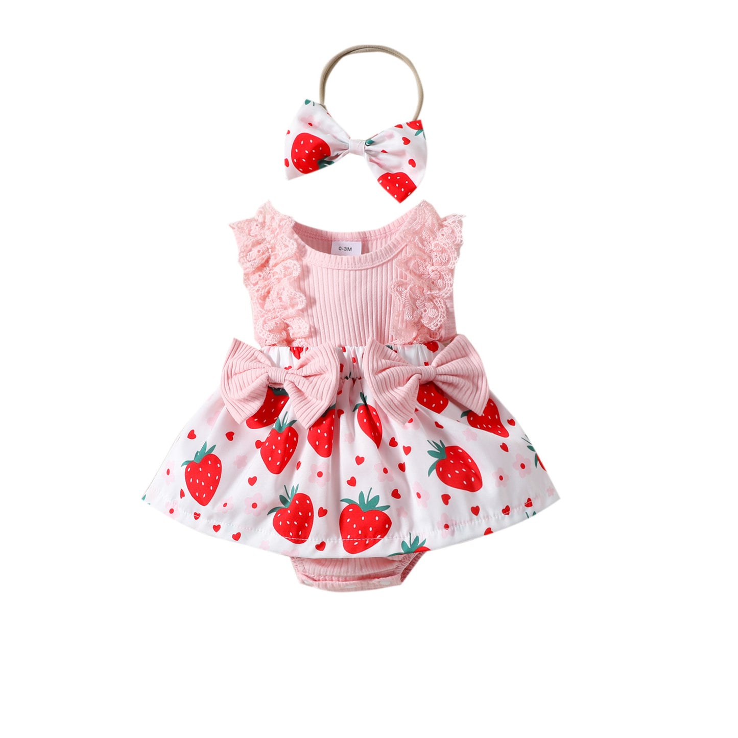 Mameluco de verano sin mangas con lazo y estampado de fresa para niños pequeños