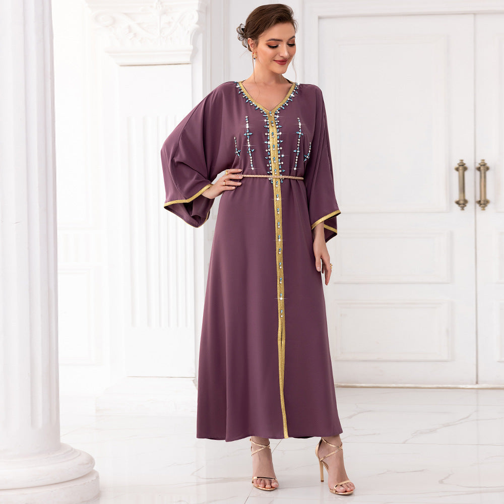 Robe à manches Dubaï en diamant cousue à la main, couleur racine d'épinard