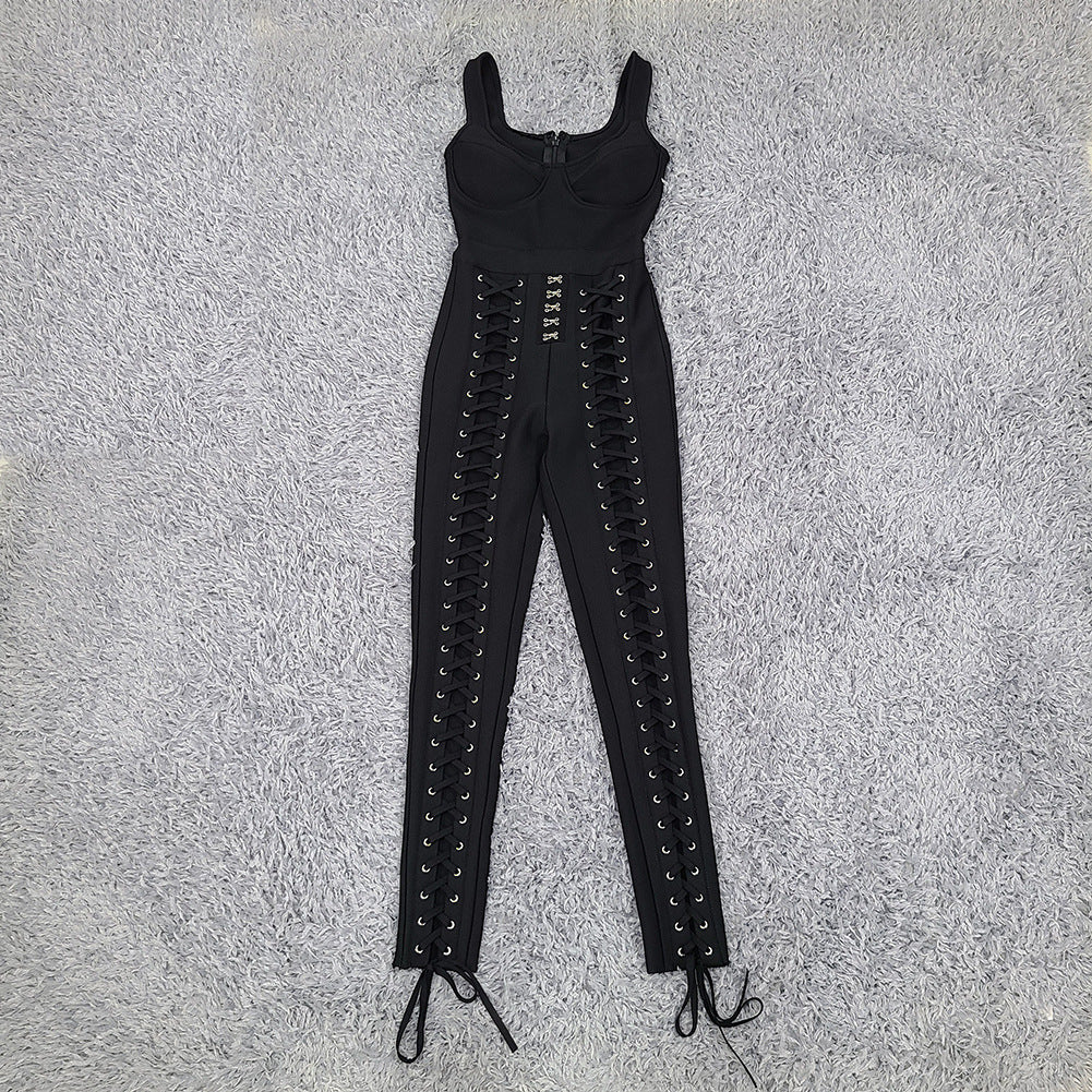 Combinaison bandage sexy taille haute sans manches à décolleté en V profond et extensible
