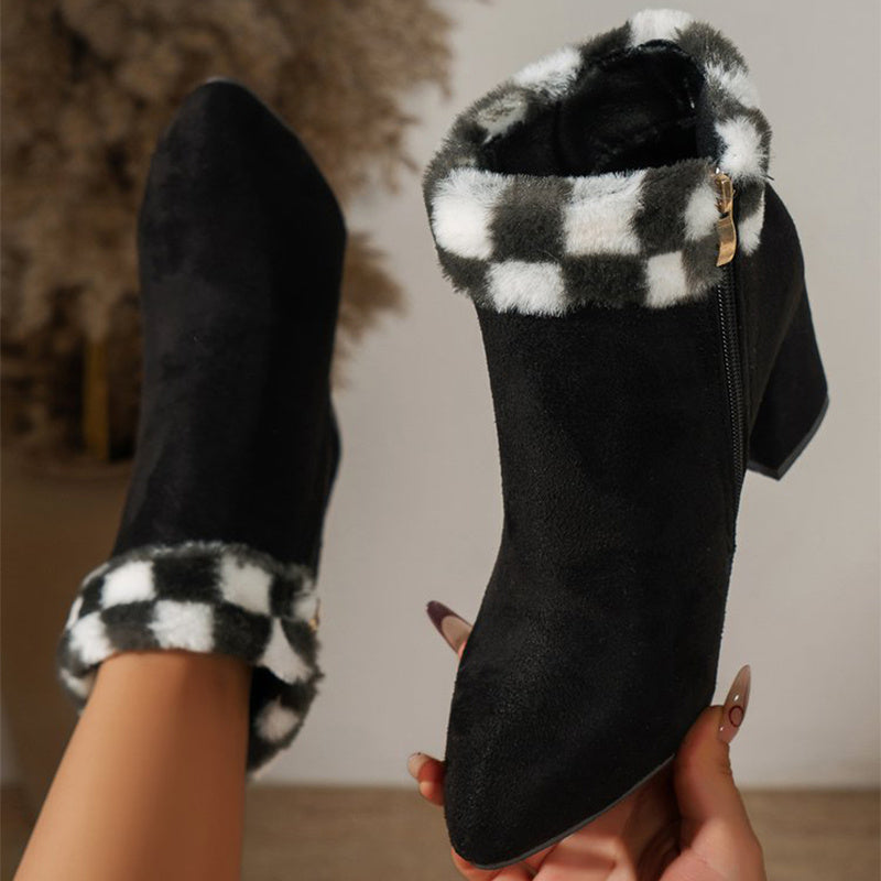 Nuevas botas de tobillo de felpa con estampado de cuadros, botas de ante de tacón cuadrado de moda de invierno para mujer, zapatos casuales versátiles para otoño e invierno