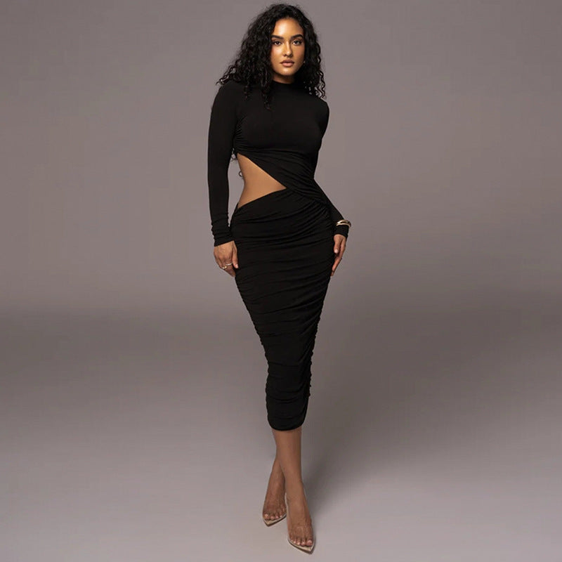 Women's Long Sleeve Sexy Cutout Pleated Tight Dress