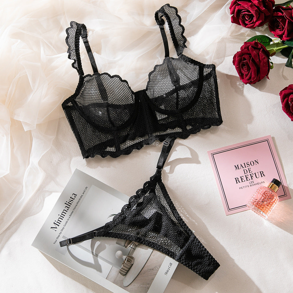 Conjunto de dos piezas de sujetador sexy de malla transparente con tirantes y volantes para mujer