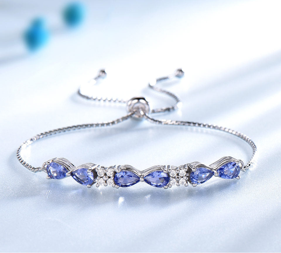 Pulsera ajustable de plata de ley S925 con zafiro azul y cadena de caja para mujer