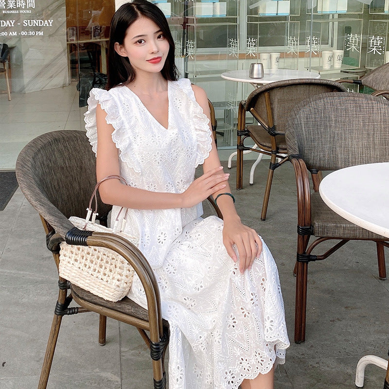 Robe en dentelle super féerique de style doux avec manches volantées
