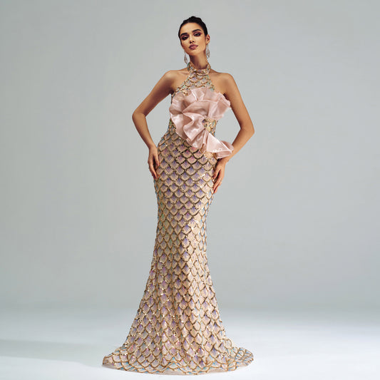 Robe de soirée sirène à paillettes et dos nu