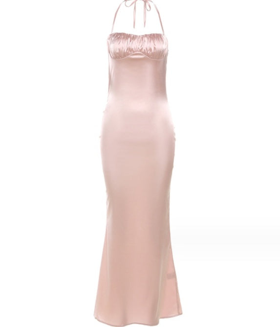 Robe sexy à col suspendu et dos ouvert pour femme, coupe ajustée, hanches enveloppées