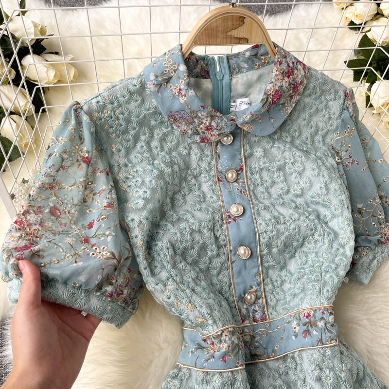 Robe légère et luxueuse pour femme, manches bouffantes, jupe courte à volants, effet rajeunissant