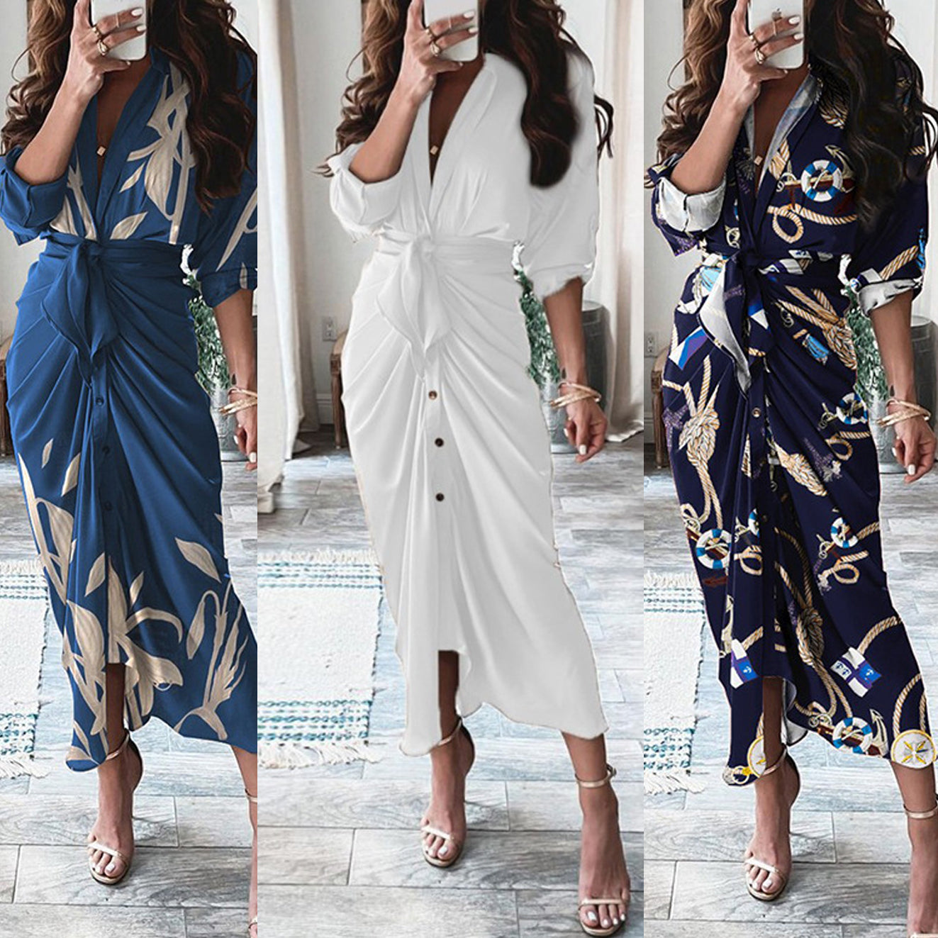Robe chemise à manches longues et à lacets, imprimé européen et américain, à simple boutonnage