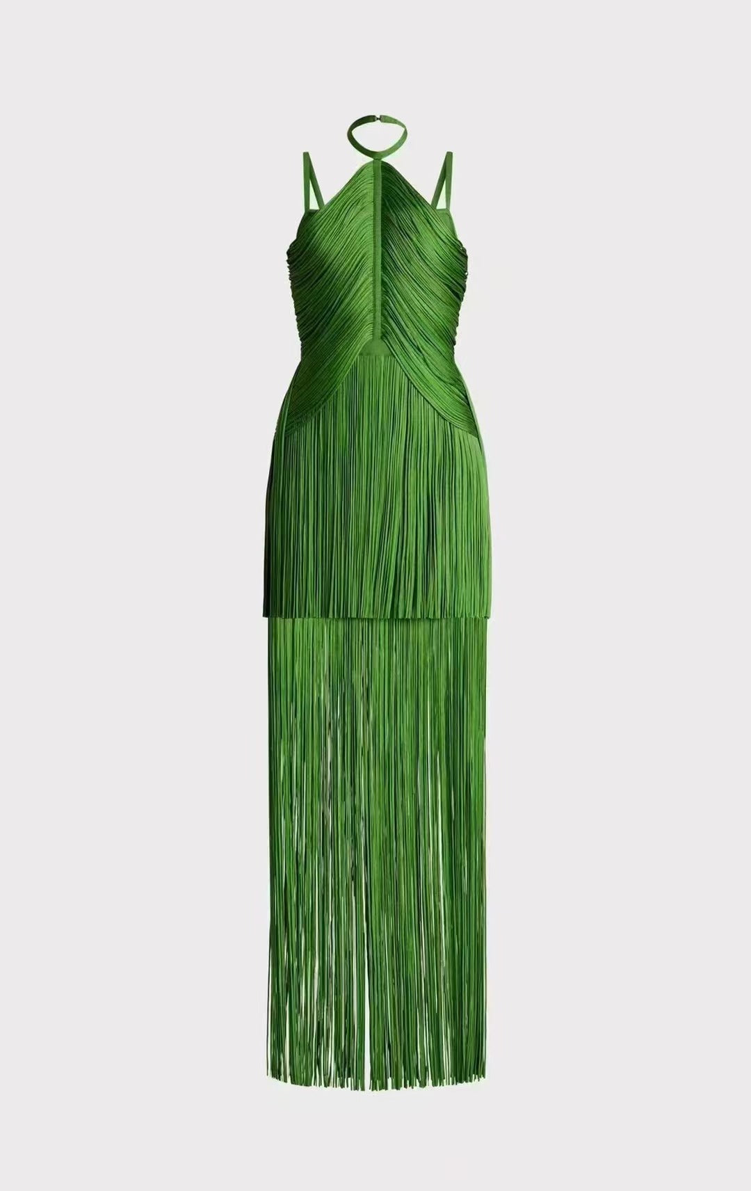 Robe de soirée verte à bretelles spaghetti et pompons