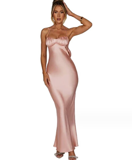 Robe sexy à col suspendu et dos ouvert pour femme, coupe ajustée, hanches enveloppées