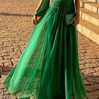 Robe longue élégante et slim, couleur unie, tenue printemps-été, asymétrique, taille basse