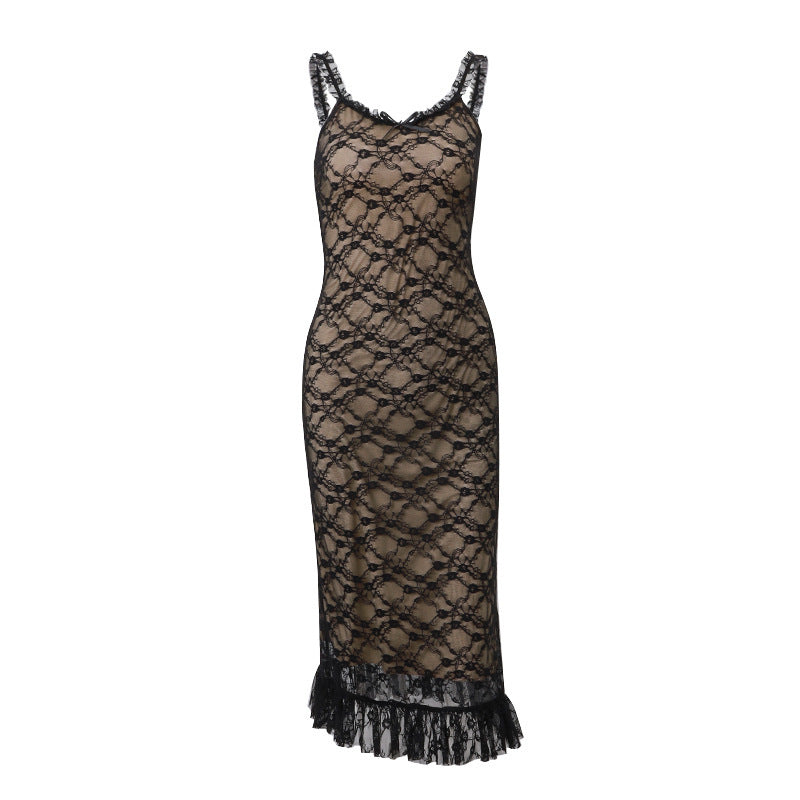 French Style Lace Lady Like Woman Style Dress Low-cut Slimming