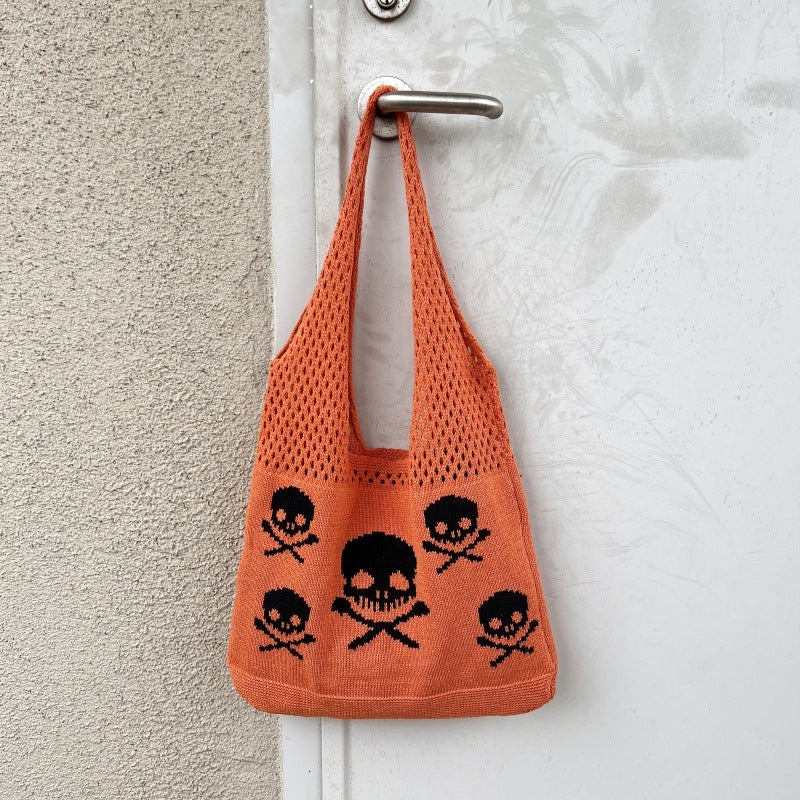 Sac à bandoulière tricoté motif tête de mort pour Halloween, sacs de courses amusants et creux pour femmes