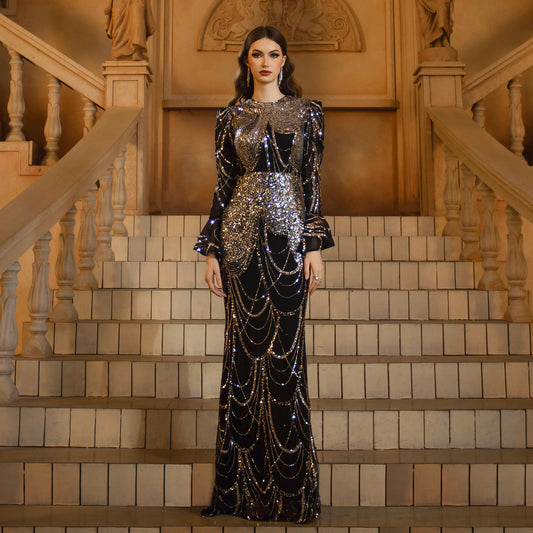 Robe de soirée fourreau à manches longues, col rond, coupe ajustée, paillettes, queue de poisson