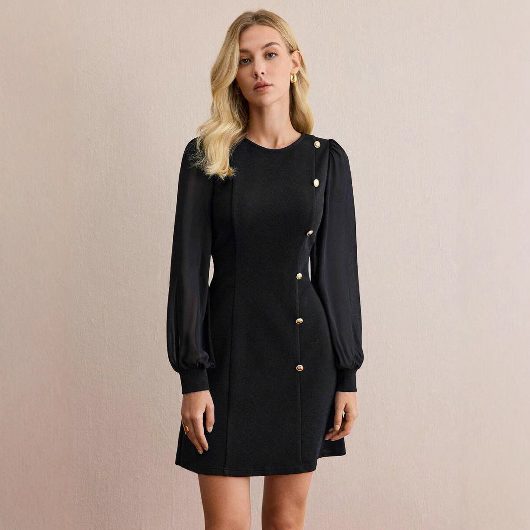 Women's Round Neck Clinch Slim Long Sleeve Solid Color Dress