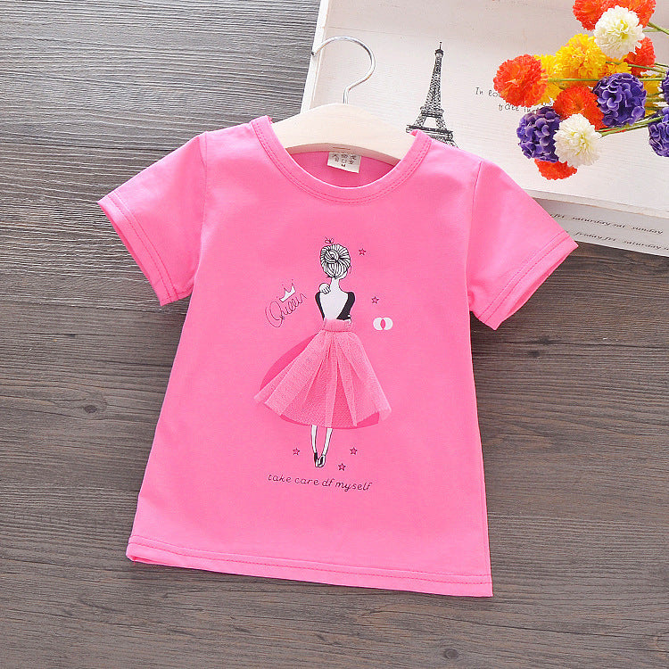 Camiseta de algodón de manga corta para niños de verano de Corea, camiseta de dibujos animados para niñas, camiseta de media manga para niñas pequeñas