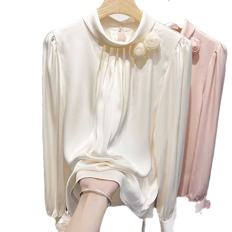 Women's Fashion Temperament Stand Collar Flower Long Sleeve Chiffon Shirt