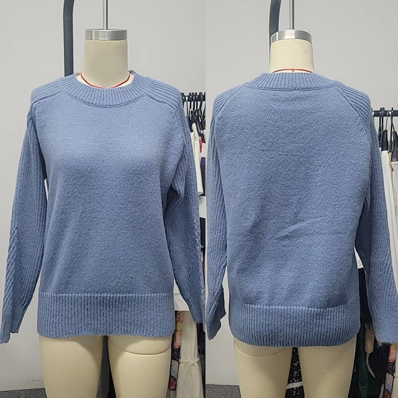 Pull en velours côtelé Bedford bleu lait européen pour femme, col rond, manches longues, tricot décontracté, vêtements d'extérieur tendance