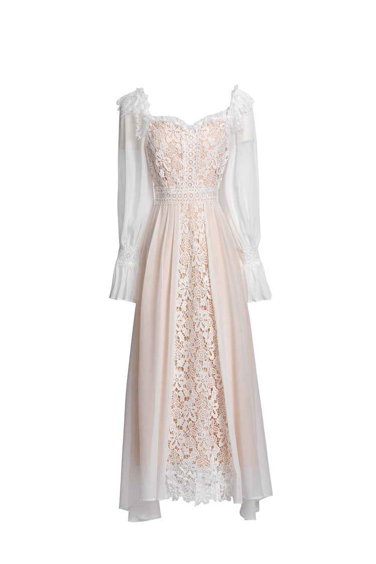 Robe coupe ajustée en maille douce et dentelle épissée de tempérament français