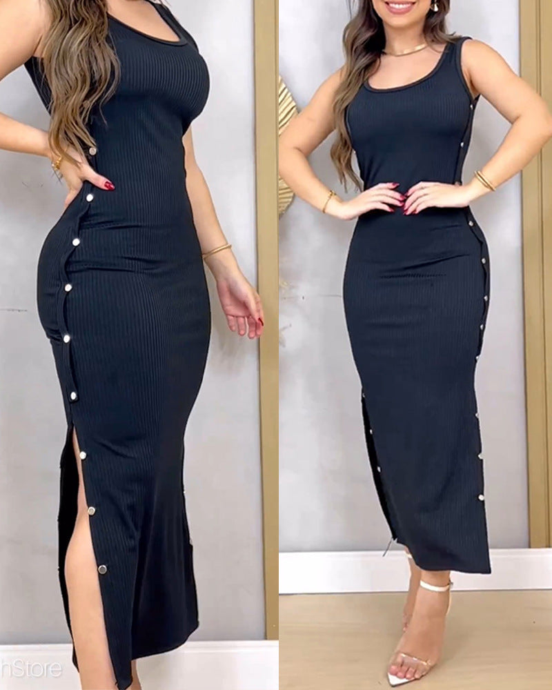 Vestido largo elegante con botones sin mangas y rayas hundidas para mujer