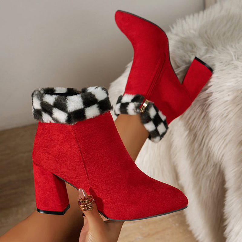 Nuevas botas de tobillo de felpa con estampado de cuadros, botas de ante de tacón cuadrado de moda de invierno para mujer, zapatos casuales versátiles para otoño e invierno