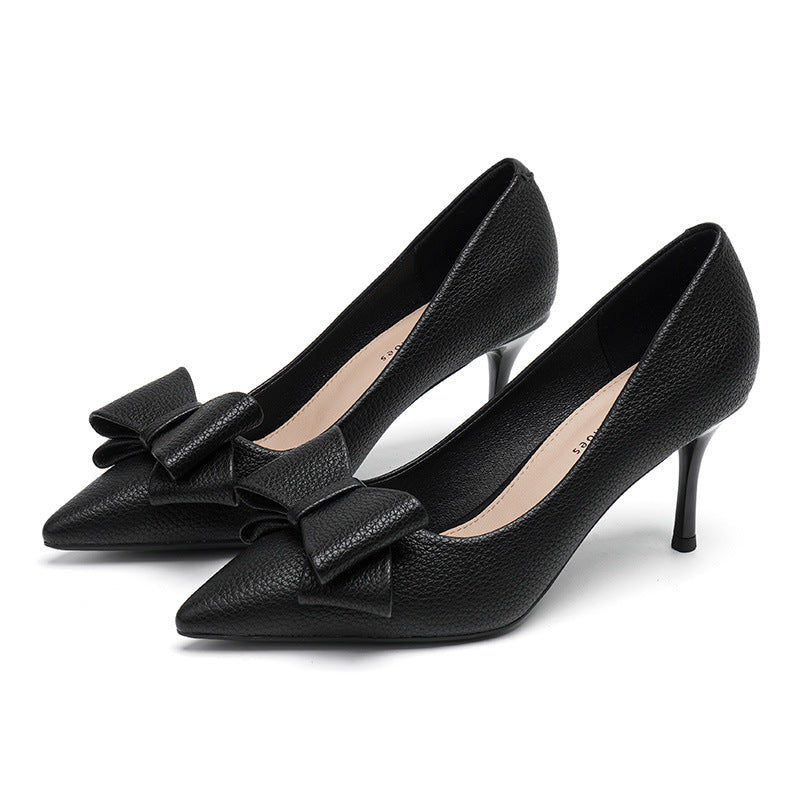 Zapatos de moda con tacón de aguja puntiagudo y lazo poco profundo